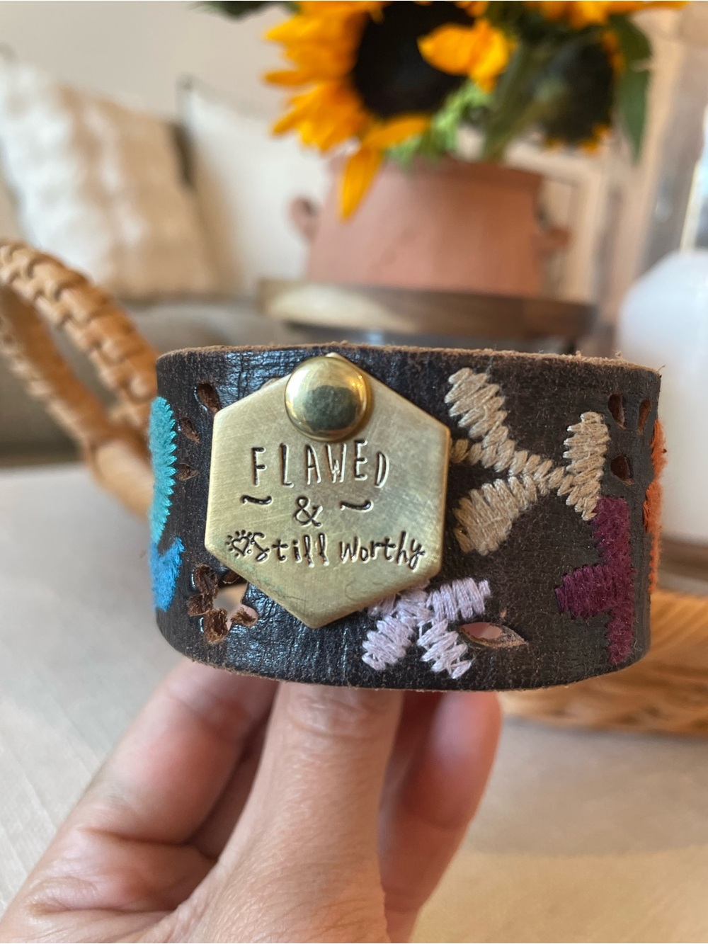 Flawed & Still Worthy Brown Leather Cuff Bracelet with Multicolor Embroidery